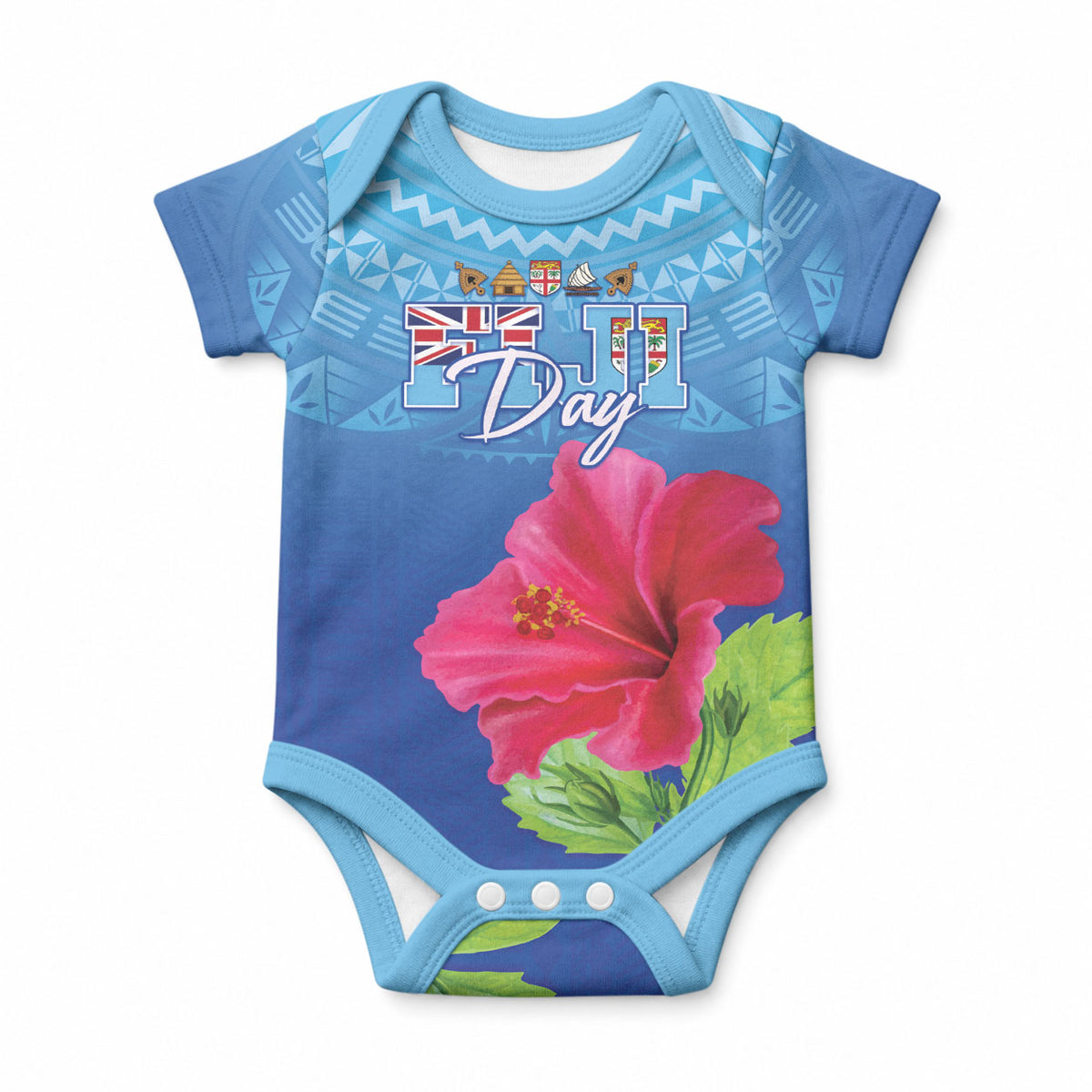 Bula Fiji Day Baby Onesie Traditional Tapa Pattern With Hibiscus LT05 Blue - Polynesian Pride