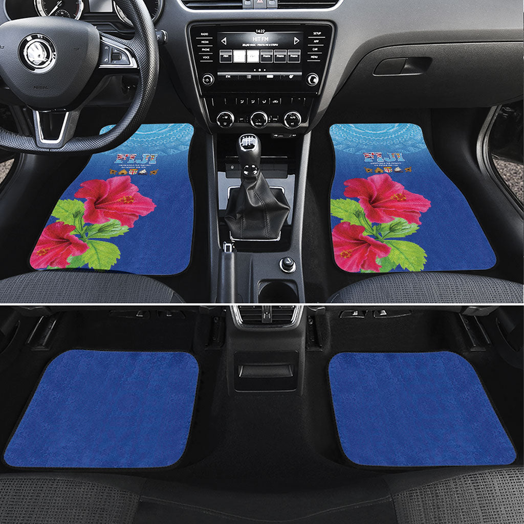Bula Fiji Day Car Mats Traditional Tapa Pattern With Hibiscus LT05 Set 4pcs Blue - Polynesian Pride
