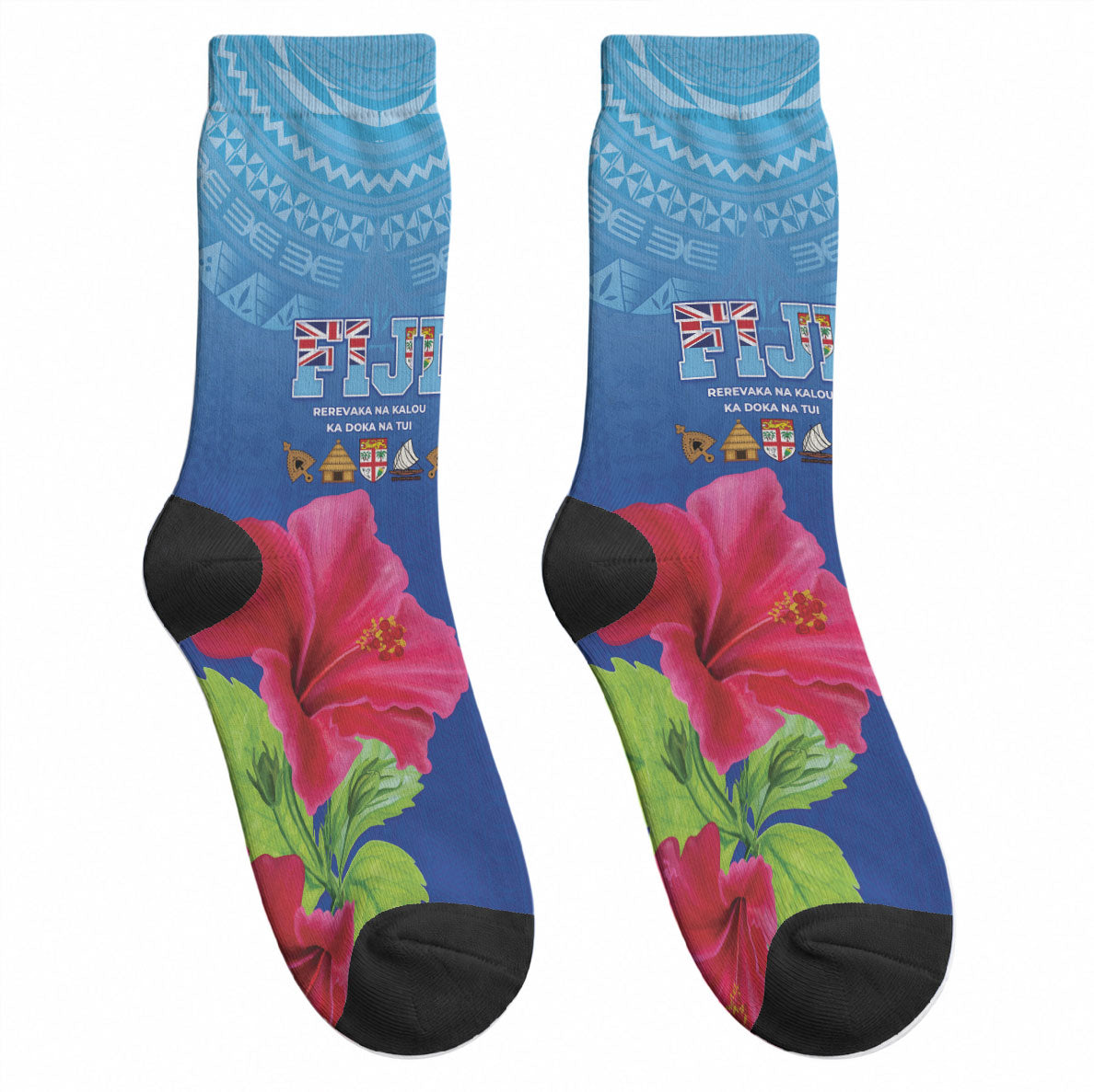Bula Fiji Day Crew Socks Traditional Tapa Pattern With Hibiscus LT05 - Polynesian Pride