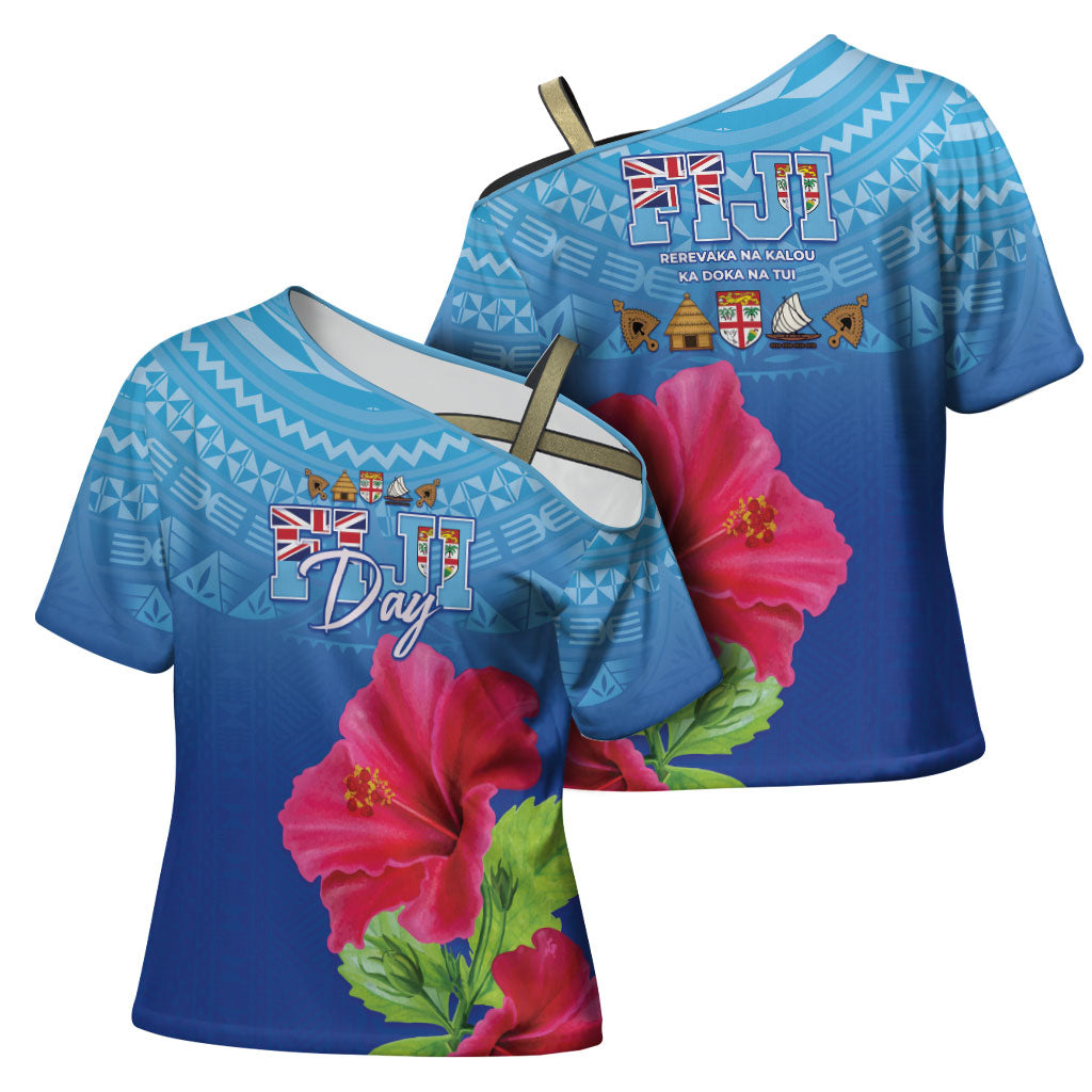 Bula Fiji Day Cross Shoulder Shirt Traditional Tapa Pattern With Hibiscus LT05 - Polynesian Pride