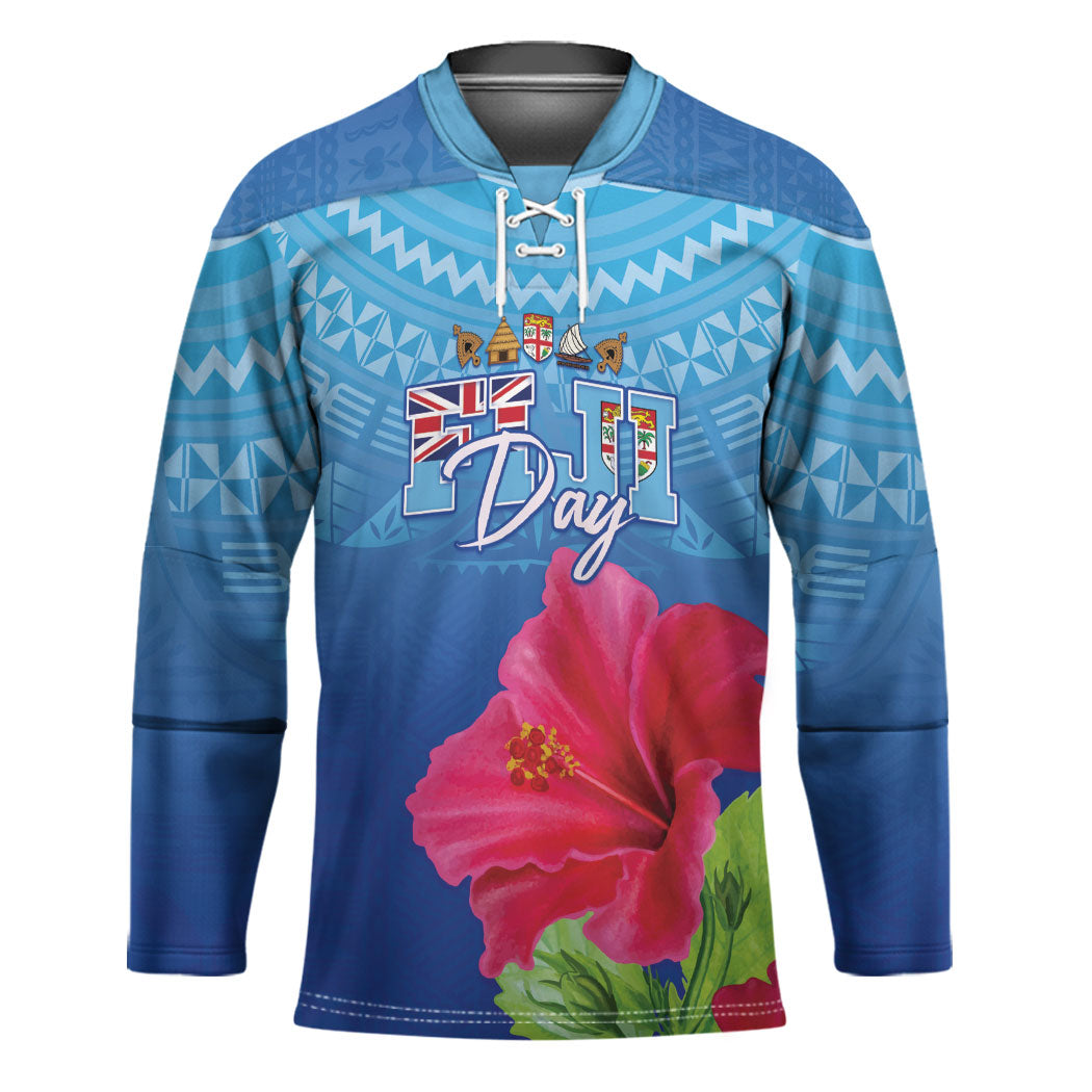 Bula Fiji Day Hockey Jersey Traditional Tapa Pattern With Hibiscus LT05 Unisex Blue - Polynesian Pride
