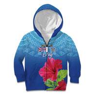 Bula Fiji Day Kid Hoodie Traditional Tapa Pattern With Hibiscus LT05 Zip Hoodie Blue - Polynesian Pride