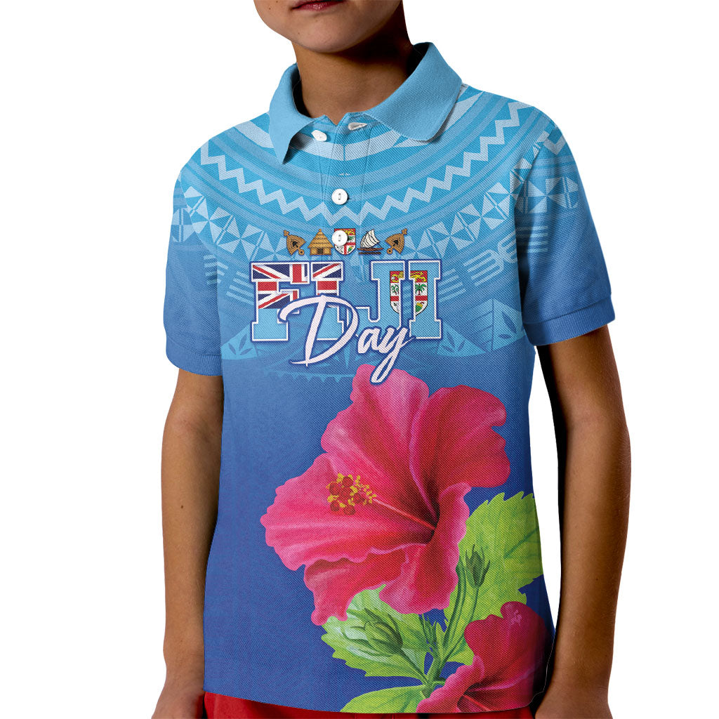 Bula Fiji Day Kid Polo Shirt Traditional Tapa Pattern With Hibiscus LT05 Kid Blue - Polynesian Pride