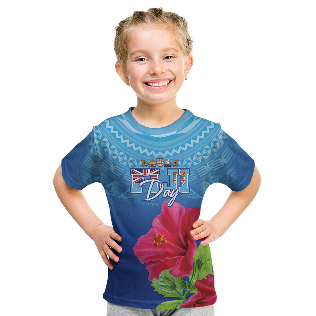 Bula Fiji Day Kid T Shirt Traditional Tapa Pattern With Hibiscus LT05 Blue - Polynesian Pride