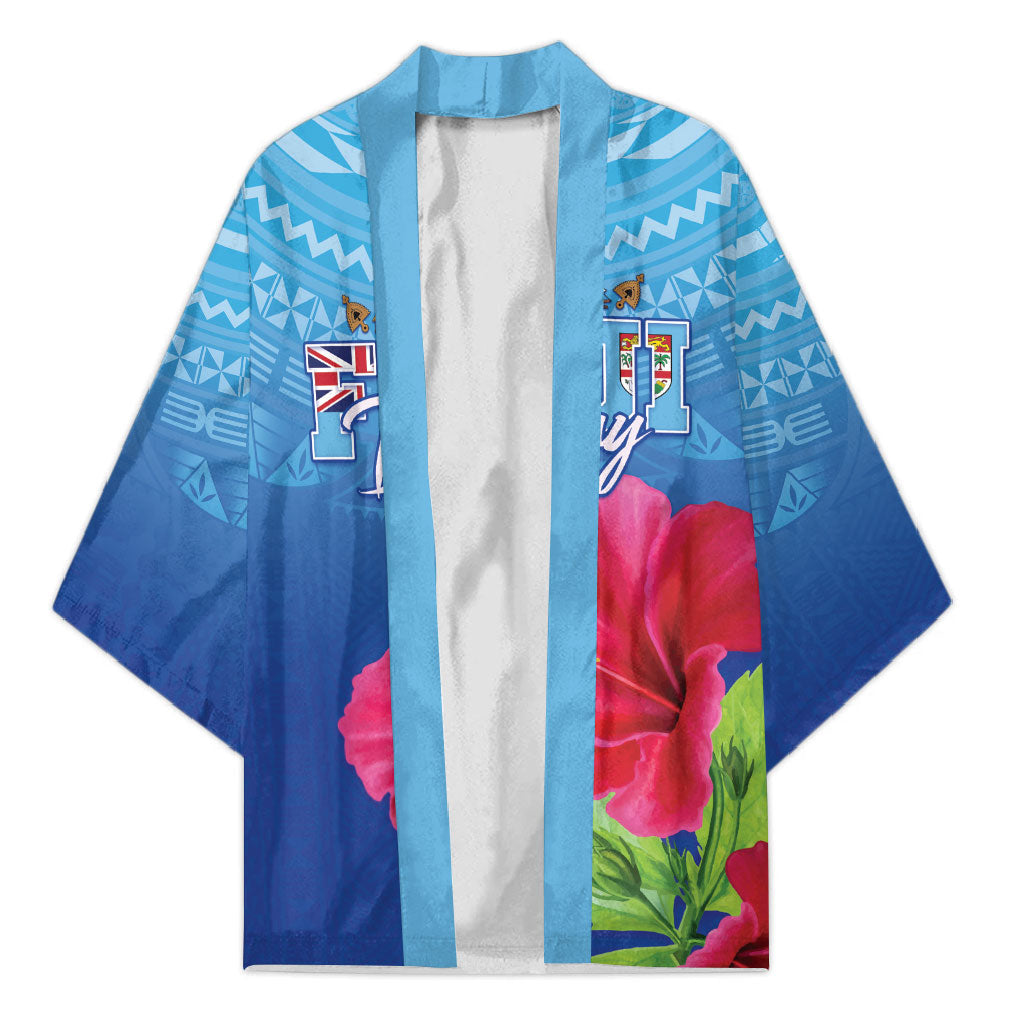 Bula Fiji Day Kimono Traditional Tapa Pattern With Hibiscus LT05 Unisex Blue - Polynesian Pride