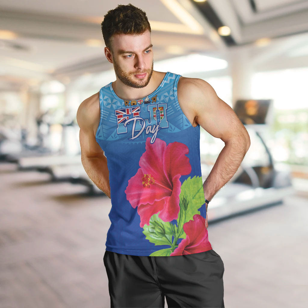 Bula Fiji Day Men Tank Top Traditional Tapa Pattern With Hibiscus LT05 Blue - Polynesian Pride