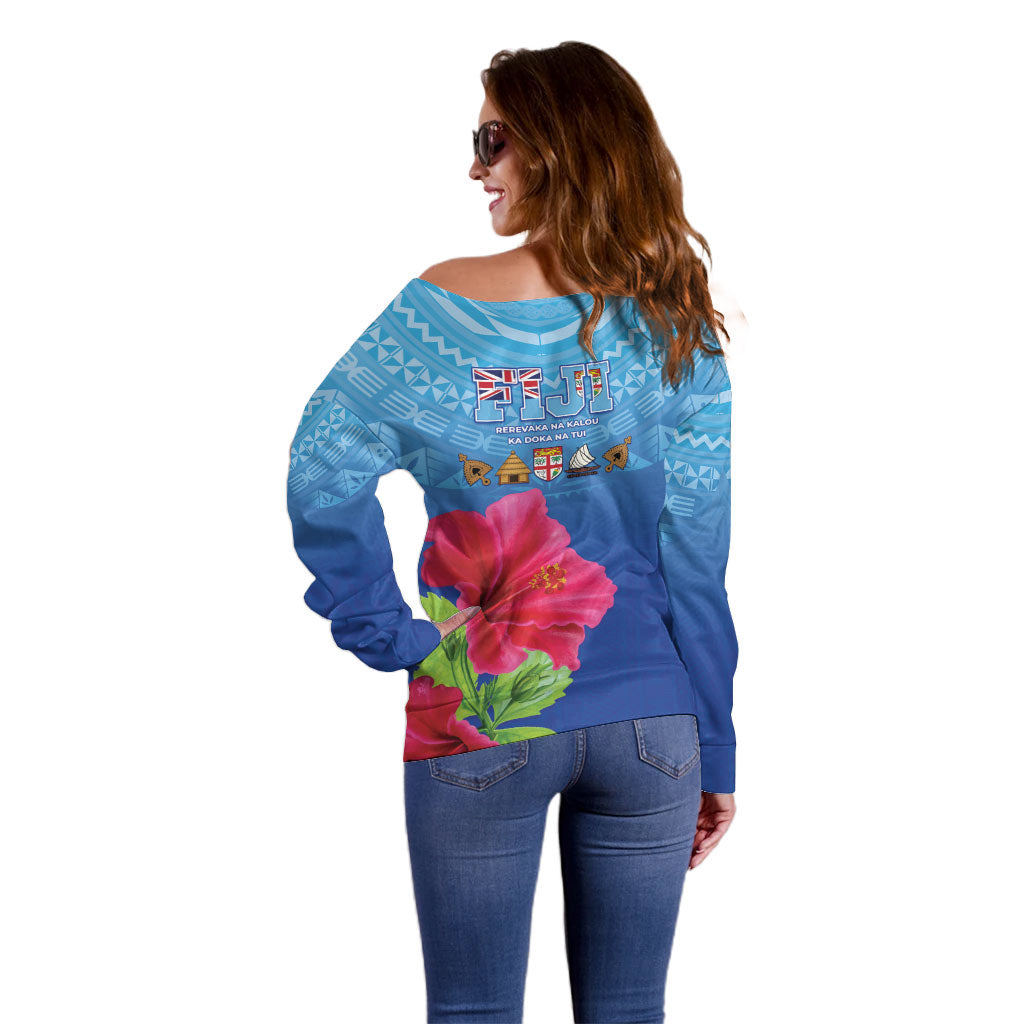 Bula Fiji Day Off Shoulder Sweater Traditional Tapa Pattern With Hibiscus LT05 - Polynesian Pride