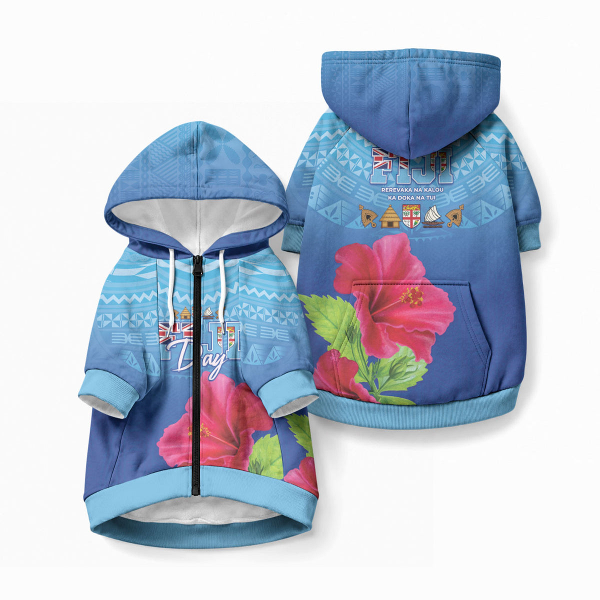 Bula Fiji Day Pet Hoodie Traditional Tapa Pattern With Hibiscus LT05 Zip-up Blue - Polynesian Pride