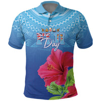 Bula Fiji Day Polo Shirt Traditional Tapa Pattern With Hibiscus LT05 Blue - Polynesian Pride