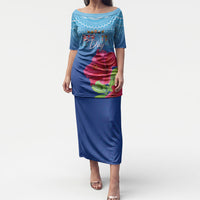 Bula Fiji Day Puletasi Traditional Tapa Pattern With Hibiscus LT05 Long Dress Blue - Polynesian Pride