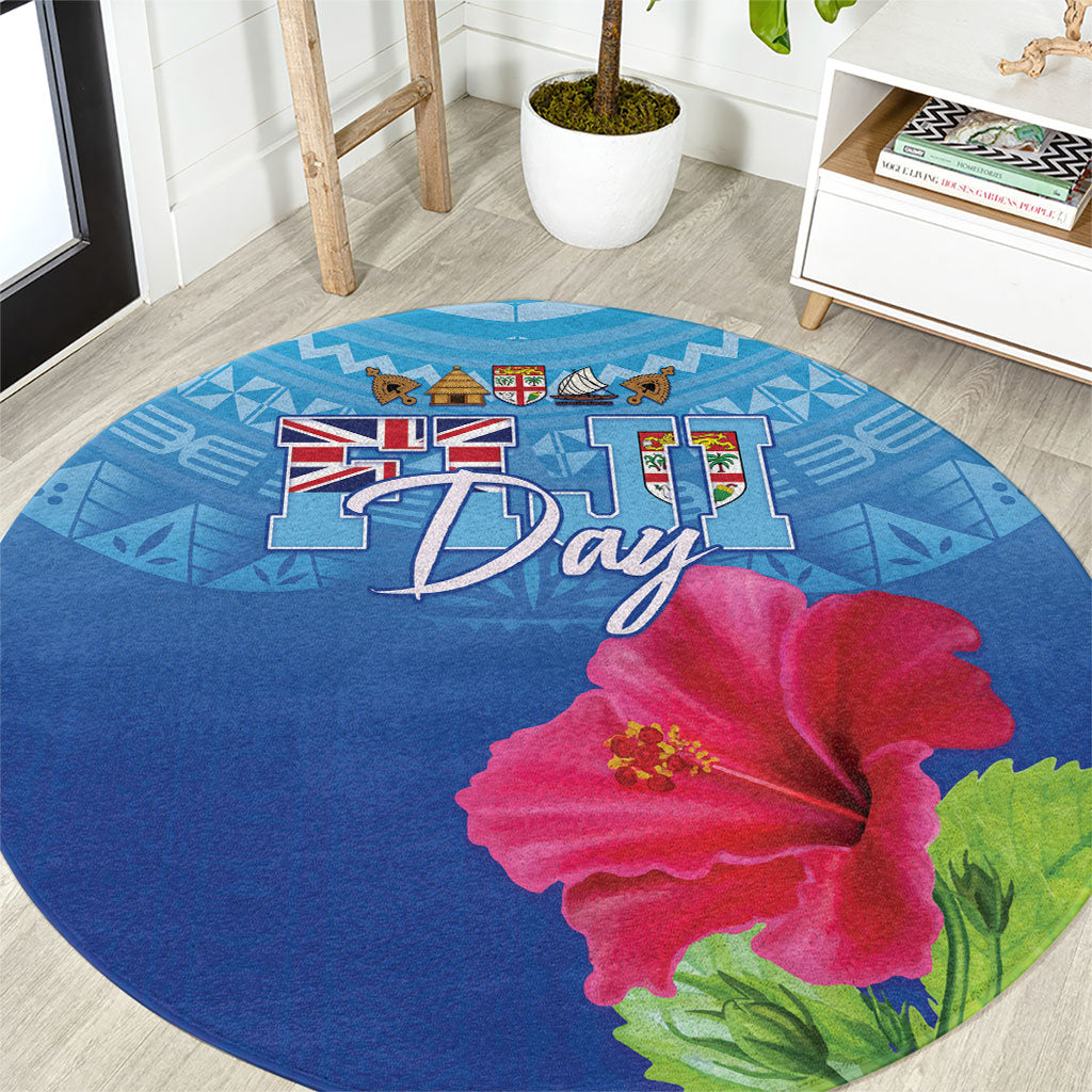 Bula Fiji Day Round Carpet Traditional Tapa Pattern With Hibiscus LT05 Blue - Polynesian Pride