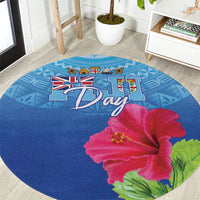 Bula Fiji Day Round Carpet Traditional Tapa Pattern With Hibiscus LT05 Blue - Polynesian Pride