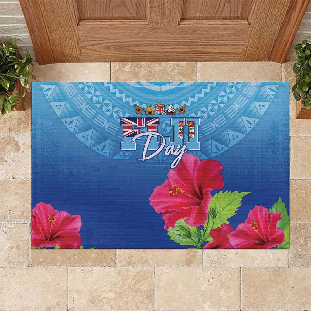 Bula Fiji Day Rubber Doormat Traditional Tapa Pattern With Hibiscus LT05 Blue - Polynesian Pride