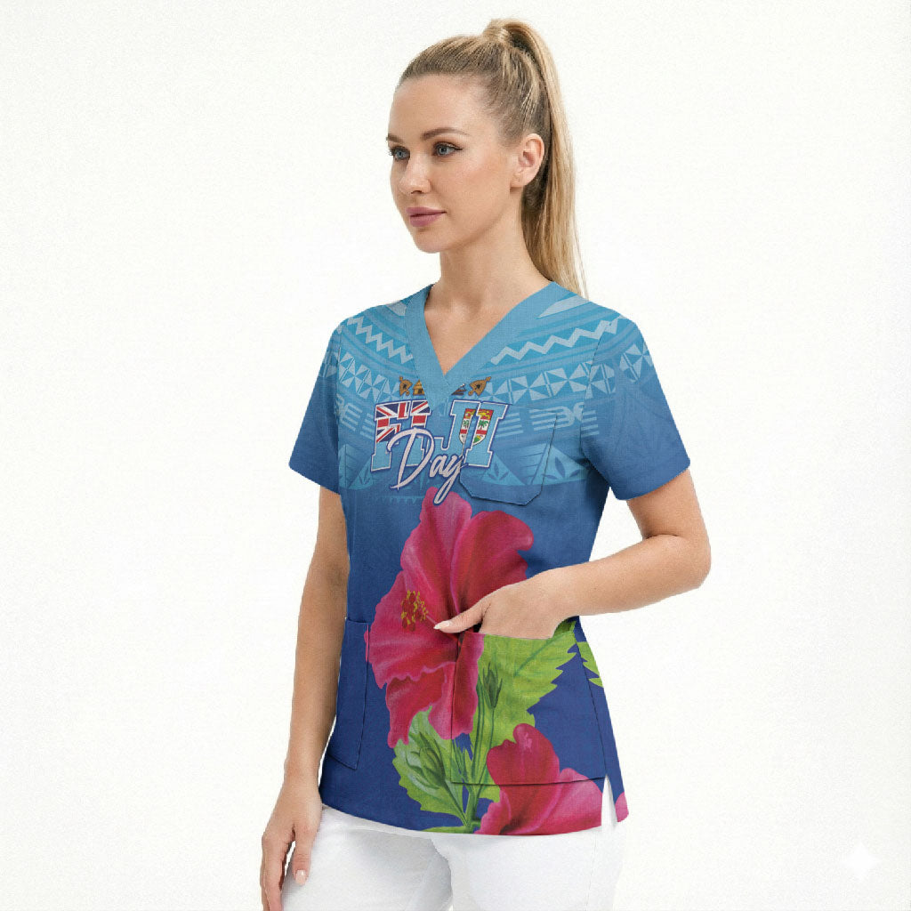 Bula Fiji Day Scrub Top Traditional Tapa Pattern With Hibiscus LT05 - Polynesian Pride