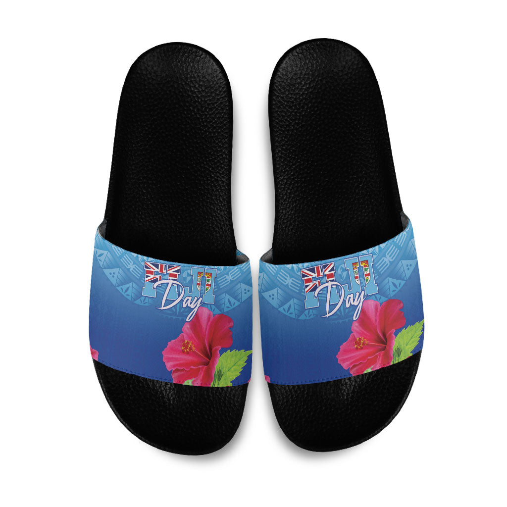 Bula Fiji Day Slide Sandals Traditional Tapa Pattern With Hibiscus LT05 Blue - Polynesian Pride