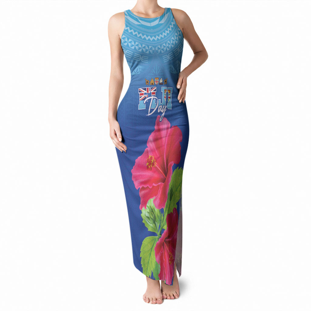 Bula Fiji Day Tank Maxi Dress Traditional Tapa Pattern With Hibiscus LT05 Women Blue - Polynesian Pride