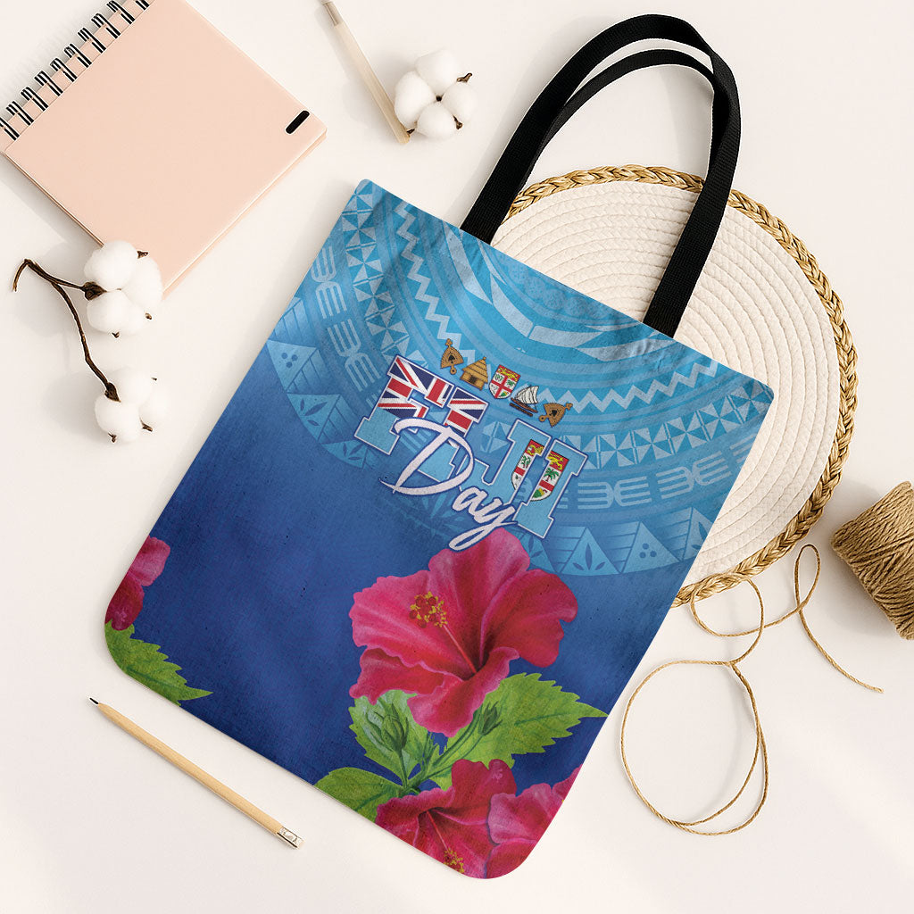 Bula Fiji Day Tote Bag Traditional Tapa Pattern With Hibiscus LT05 Black Strap One Size Blue - Polynesian Pride