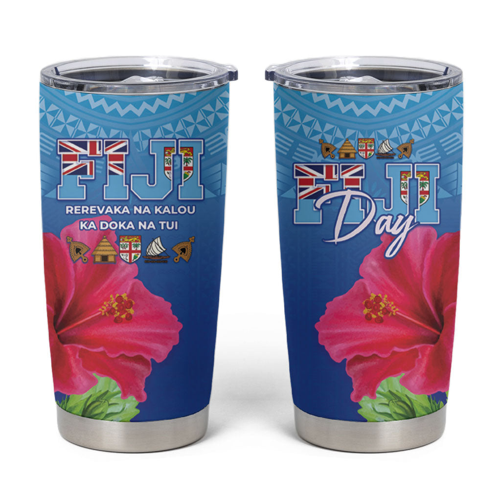 Bula Fiji Day Tumbler Cup Traditional Tapa Pattern With Hibiscus LT05 Blue - Polynesian Pride