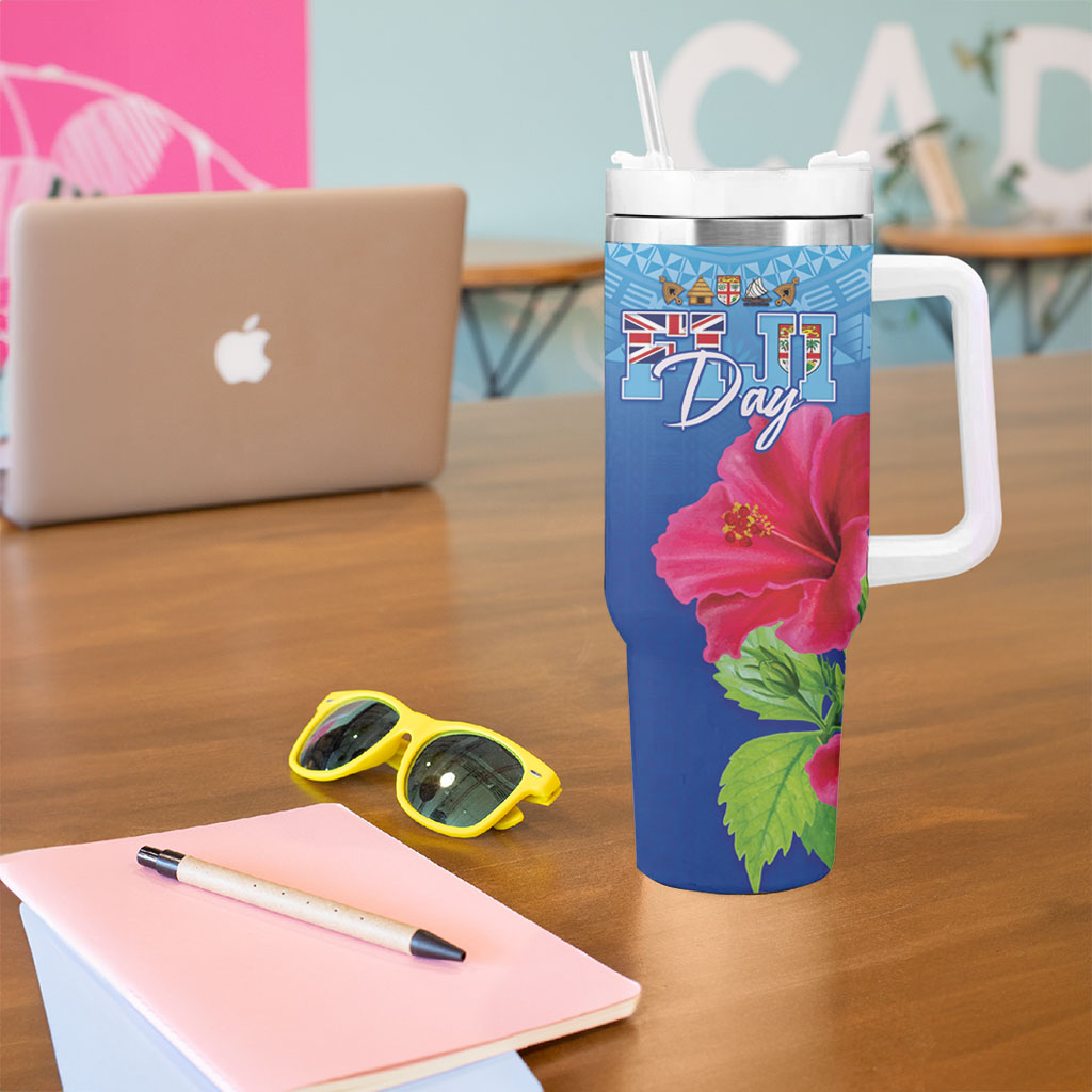 Bula Fiji Day Tumbler With Handle Traditional Tapa Pattern With Hibiscus LT05 - Polynesian Pride