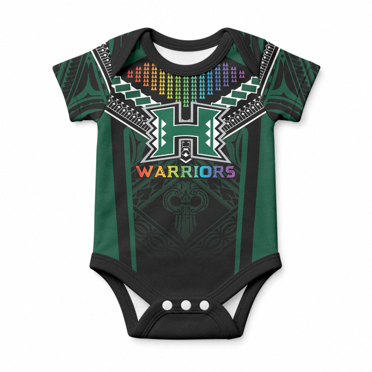 Custom Hawaii Warriors Football Baby Onesie Rainbow Kakau Pattern Black LT05 Black - Polynesian Pride