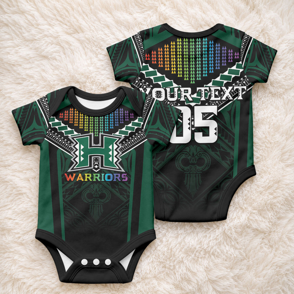 Custom Hawaii Warriors Football Baby Onesie Rainbow Kakau Pattern Black LT05 - Polynesian Pride