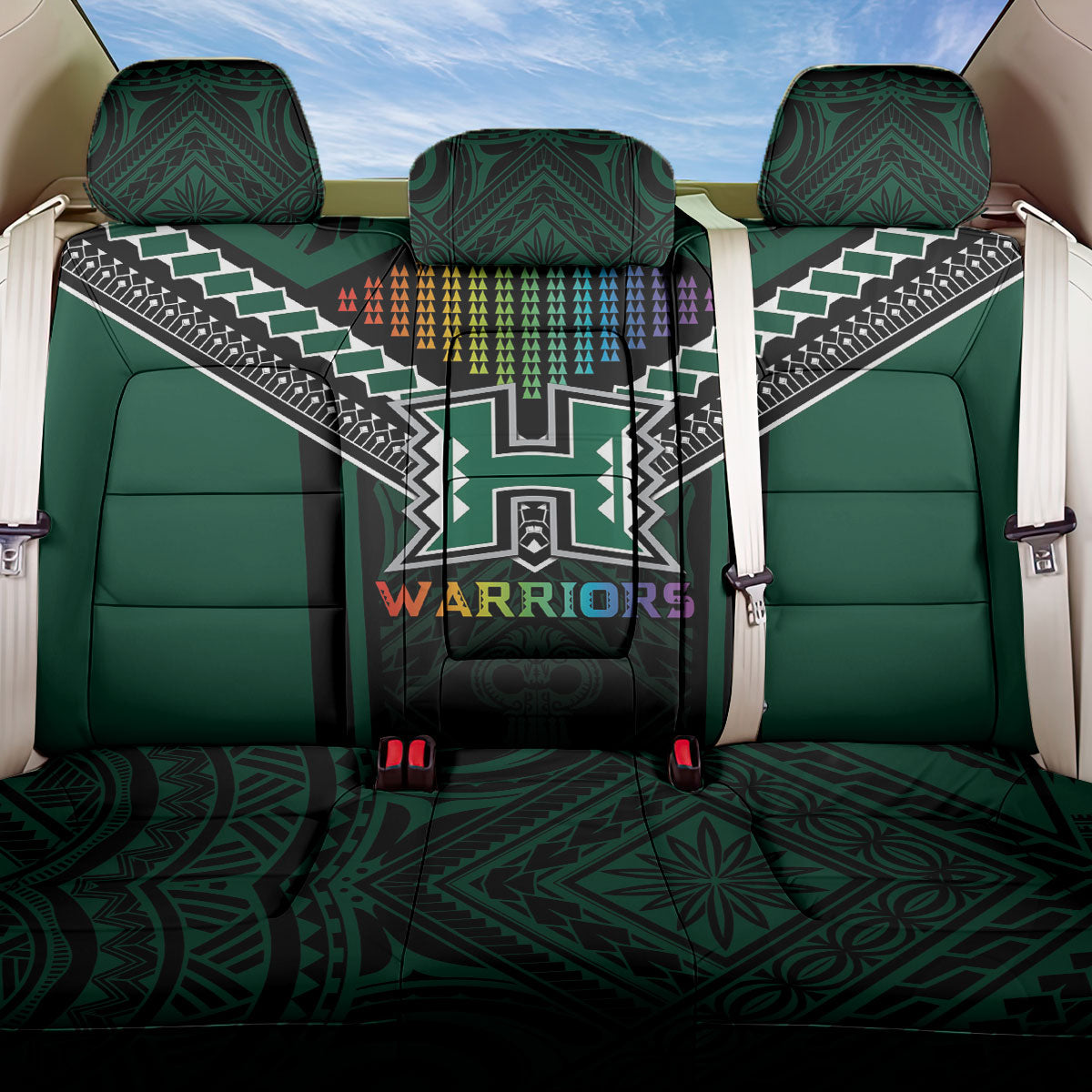 Hawaii Warriors Football Back Car Seat Cover Rainbow Kakau Pattern Black LT05 One Size Black - Polynesian Pride