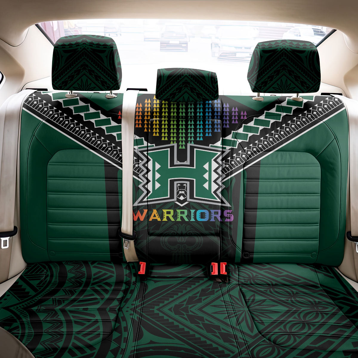 Hawaii Warriors Football Back Car Seat Cover Rainbow Kakau Pattern Black LT05 - Polynesian Pride