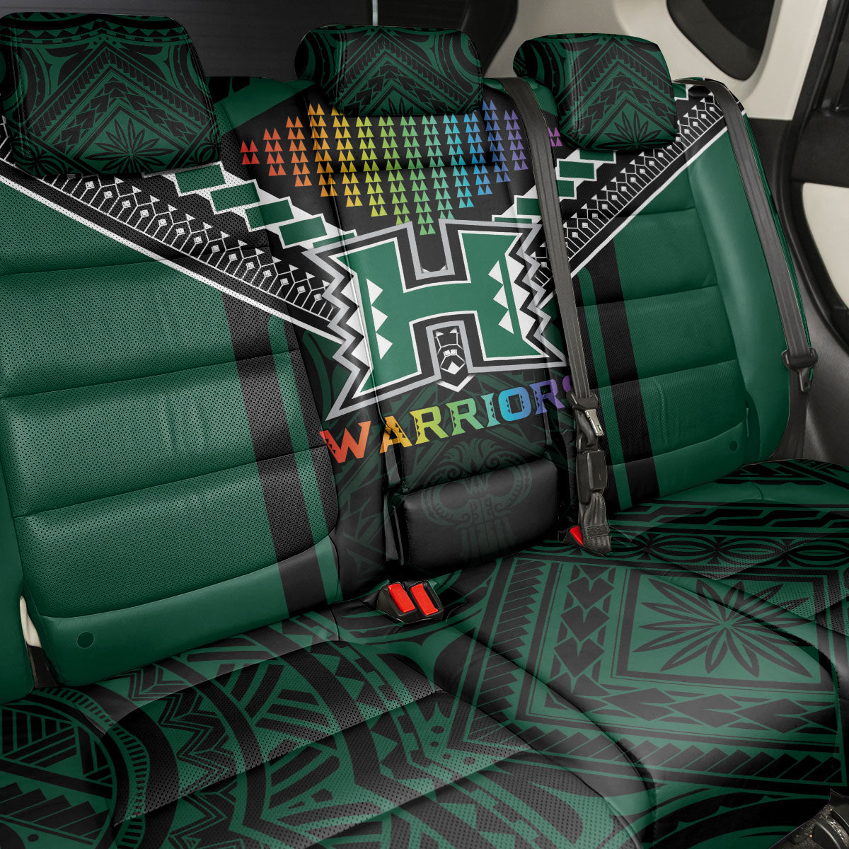 Hawaii Warriors Football Back Car Seat Cover Rainbow Kakau Pattern Black LT05 - Polynesian Pride
