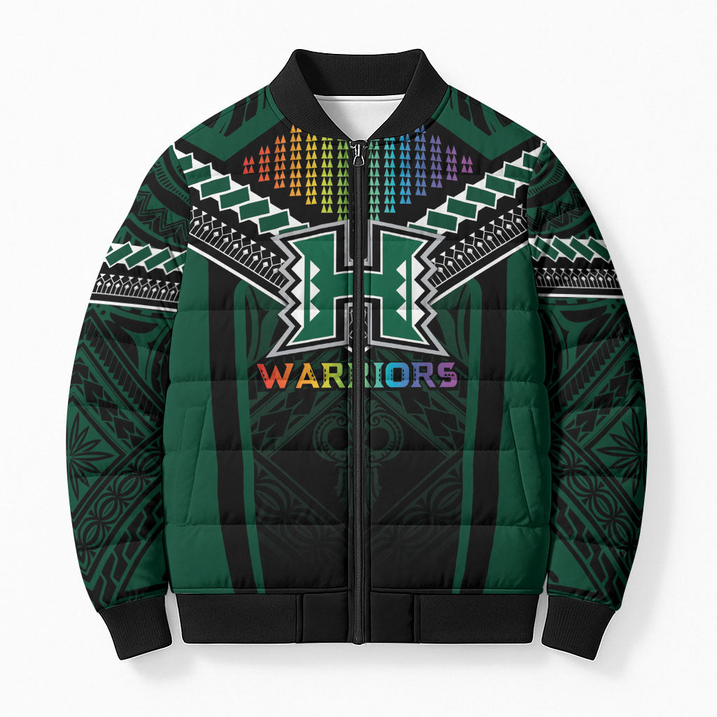 Custom Hawaii Warriors Football Bomber Puffer Jacket Rainbow Kakau Pattern Black LT05 Unisex Black - Polynesian Pride