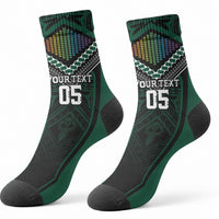 Custom Hawaii Warriors Football Crew Socks Rainbow Kakau Pattern Black LT05 - Polynesian Pride