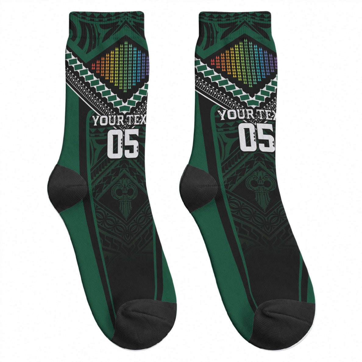 Custom Hawaii Warriors Football Crew Socks Rainbow Kakau Pattern Black LT05 - Polynesian Pride
