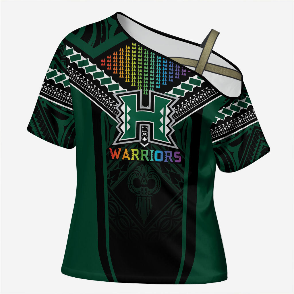 Custom Hawaii Warriors Football Cross Shoulder Shirt Rainbow Kakau Pattern Black LT05 Female Black - Polynesian Pride