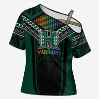 Custom Hawaii Warriors Football Cross Shoulder Shirt Rainbow Kakau Pattern Black LT05 Female Black - Polynesian Pride