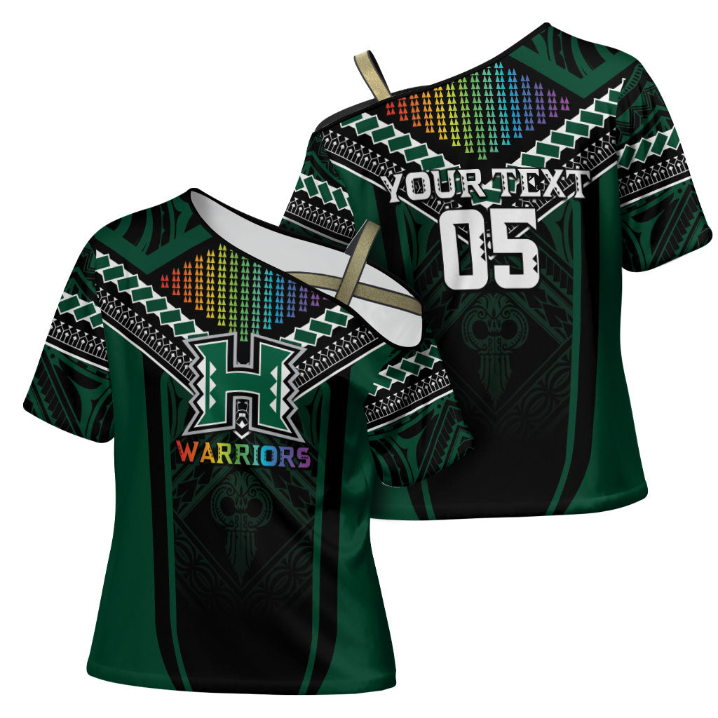 Custom Hawaii Warriors Football Cross Shoulder Shirt Rainbow Kakau Pattern Black LT05 - Polynesian Pride
