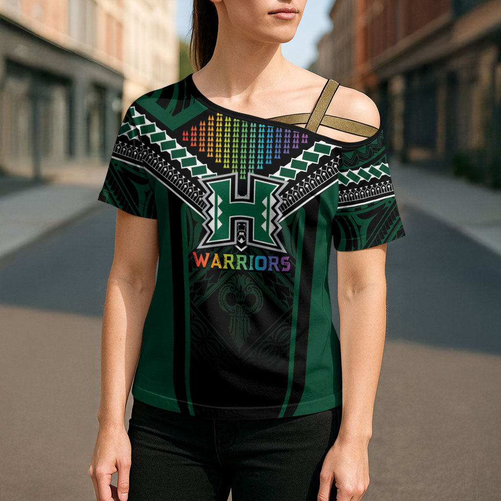 Custom Hawaii Warriors Football Cross Shoulder Shirt Rainbow Kakau Pattern Black LT05 - Polynesian Pride