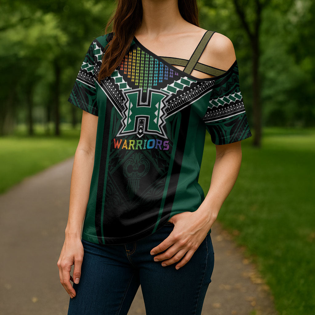 Custom Hawaii Warriors Football Cross Shoulder Shirt Rainbow Kakau Pattern Black LT05 - Polynesian Pride
