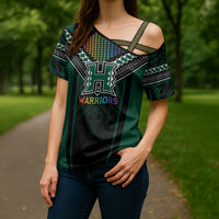 Custom Hawaii Warriors Football Cross Shoulder Shirt Rainbow Kakau Pattern Black LT05 - Polynesian Pride
