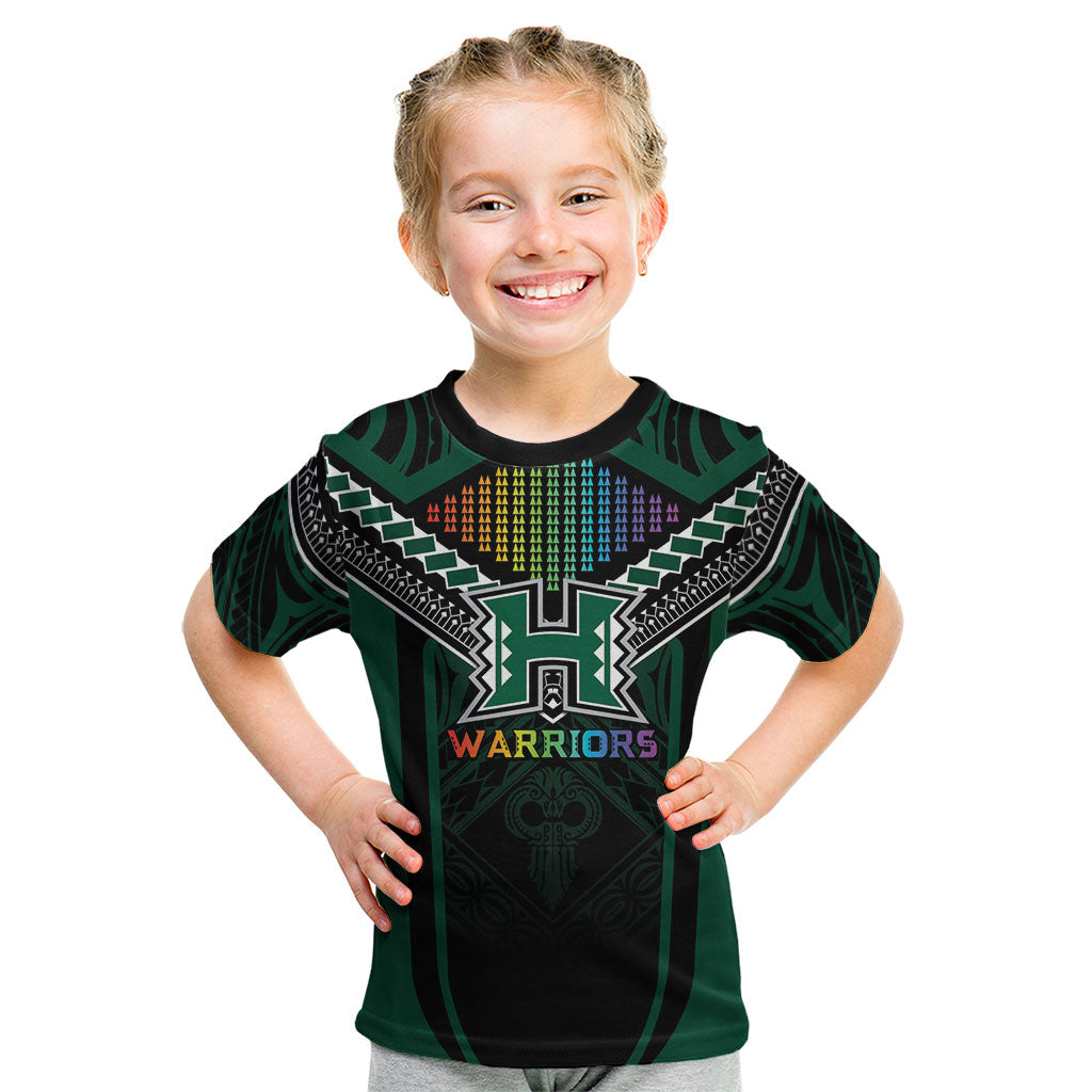 Custom Hawaii Warriors Football Kid T Shirt Rainbow Kakau Pattern Black LT05 Black - Polynesian Pride