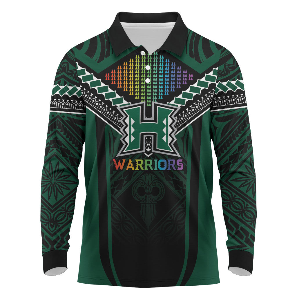 Custom Hawaii Warriors Football Long Sleeve Polo Shirt Rainbow Kakau Pattern Black LT05 Black - Polynesian Pride