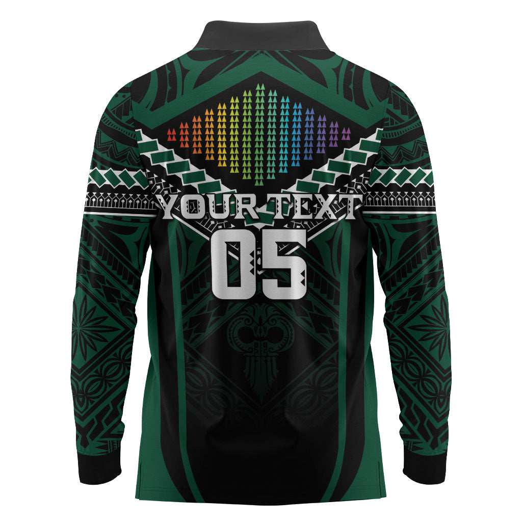 Custom Hawaii Warriors Football Long Sleeve Polo Shirt Rainbow Kakau Pattern Black LT05 - Polynesian Pride