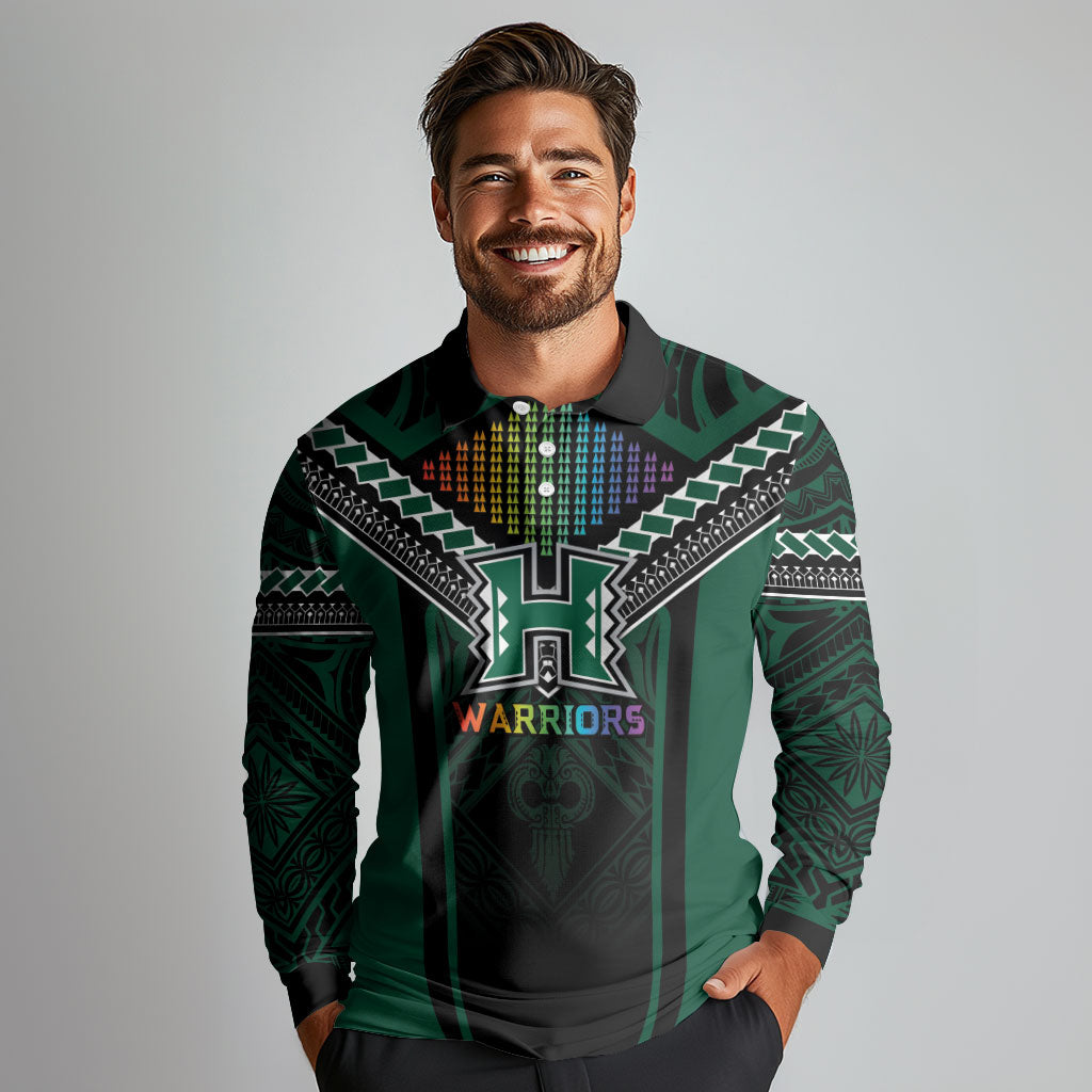 Custom Hawaii Warriors Football Long Sleeve Polo Shirt Rainbow Kakau Pattern Black LT05 - Polynesian Pride