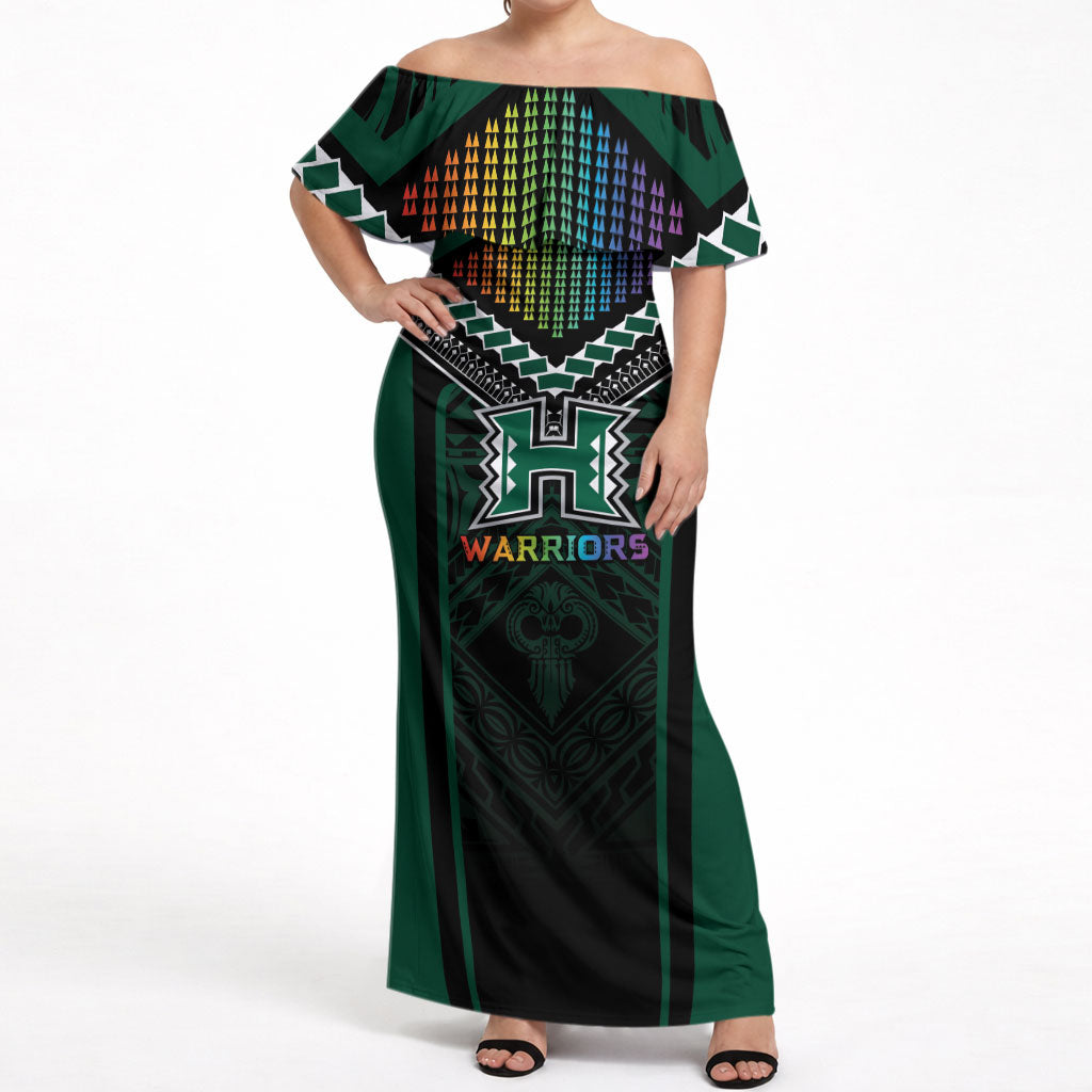 Custom Hawaii Warriors Football Off Shoulder Maxi Dress Rainbow Kakau Pattern Black LT05 Women Black - Polynesian Pride