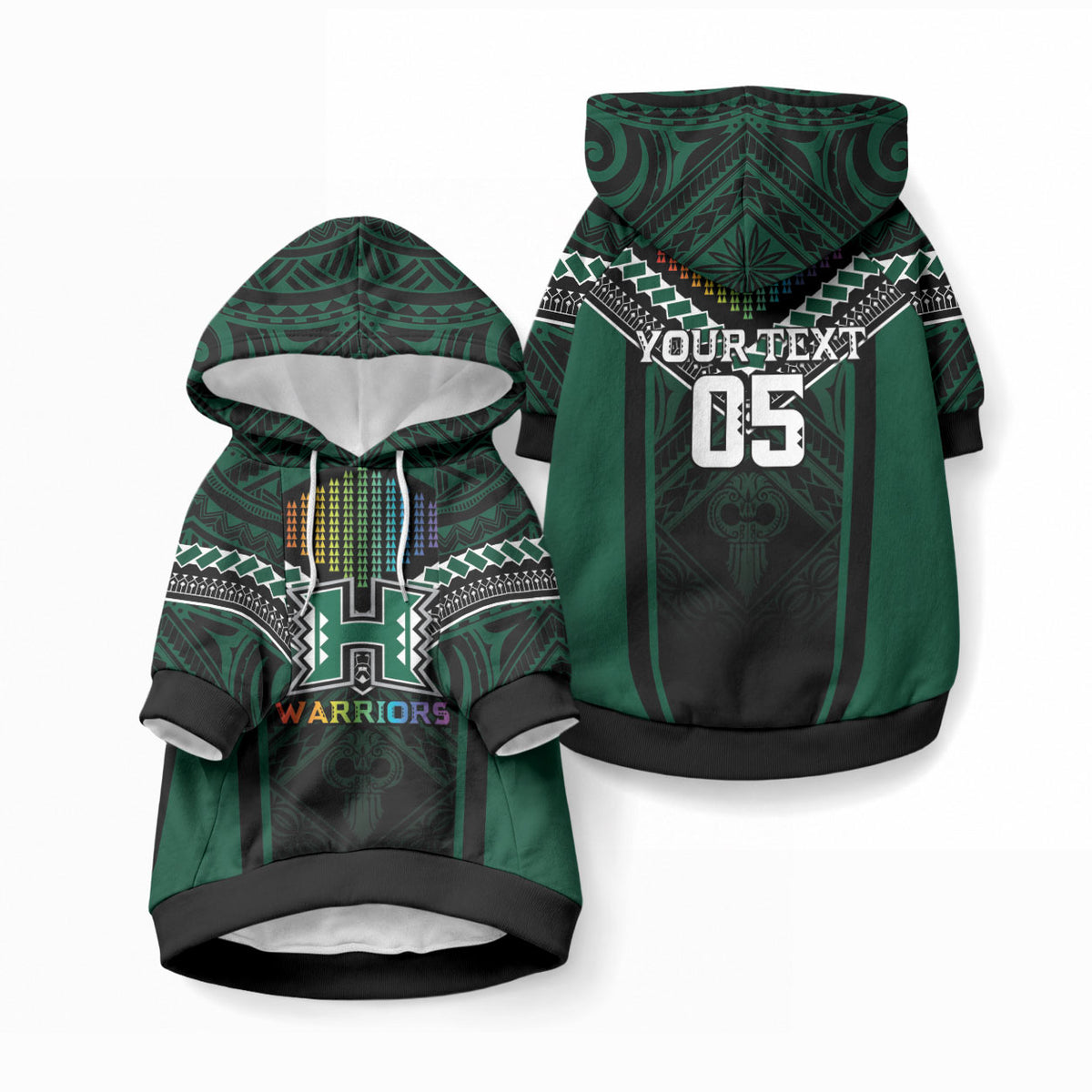 Custom Hawaii Warriors Football Pet Hoodie Rainbow Kakau Pattern Black LT05 Pullover Black - Polynesian Pride