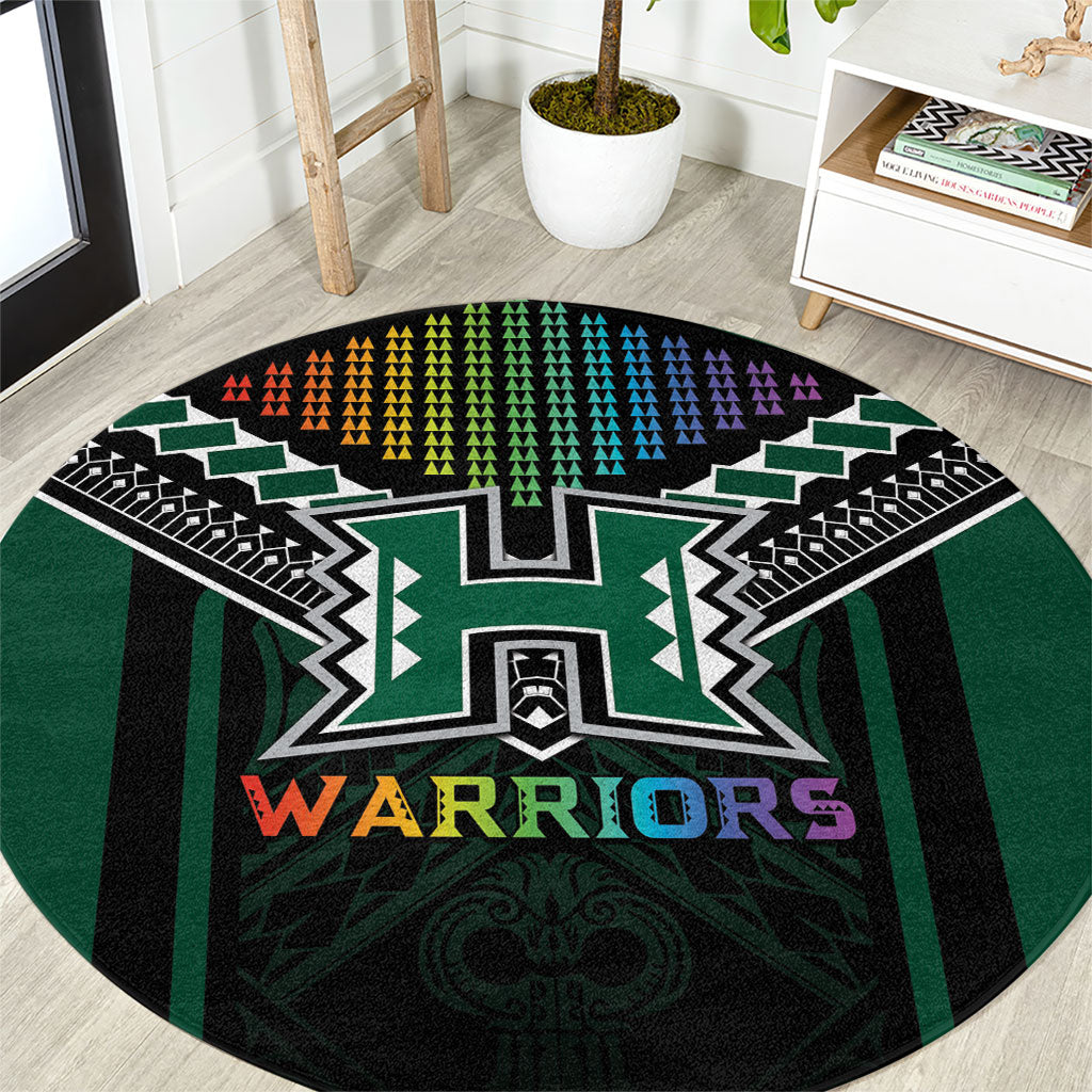 Hawaii Warriors Football Round Carpet Rainbow Kakau Pattern Black LT05 Black - Polynesian Pride