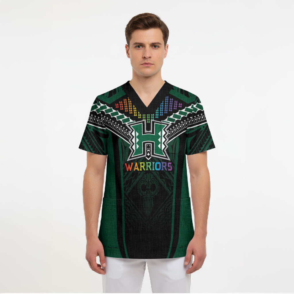 Custom Hawaii Warriors Football Scrub Top Rainbow Kakau Pattern Black LT05 - Polynesian Pride