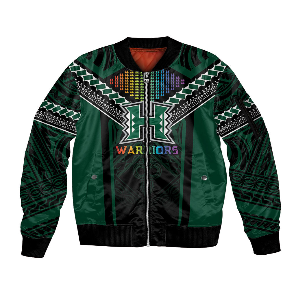 Custom Hawaii Warriors Football Sleeve Zip Bomber Jacket Rainbow Kakau Pattern Black LT05 Unisex Black - Polynesian Pride