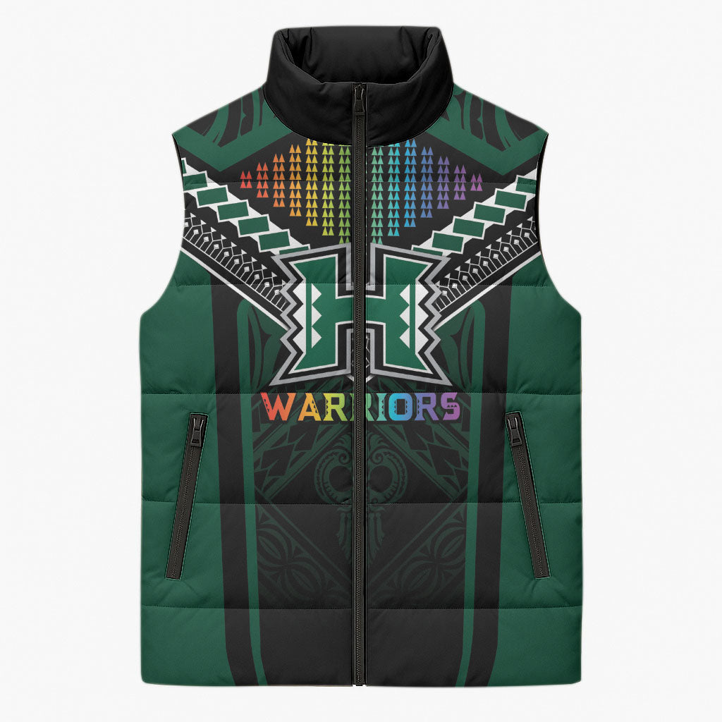 Custom Hawaii Warriors Football Sleeveless Puffer Jacket Rainbow Kakau Pattern Black LT05 Unisex Black - Polynesian Pride