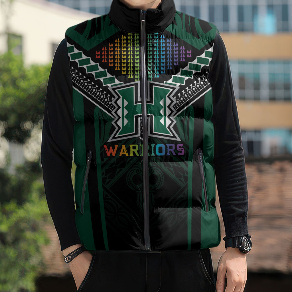 Custom Hawaii Warriors Football Sleeveless Puffer Jacket Rainbow Kakau Pattern Black LT05 - Polynesian Pride