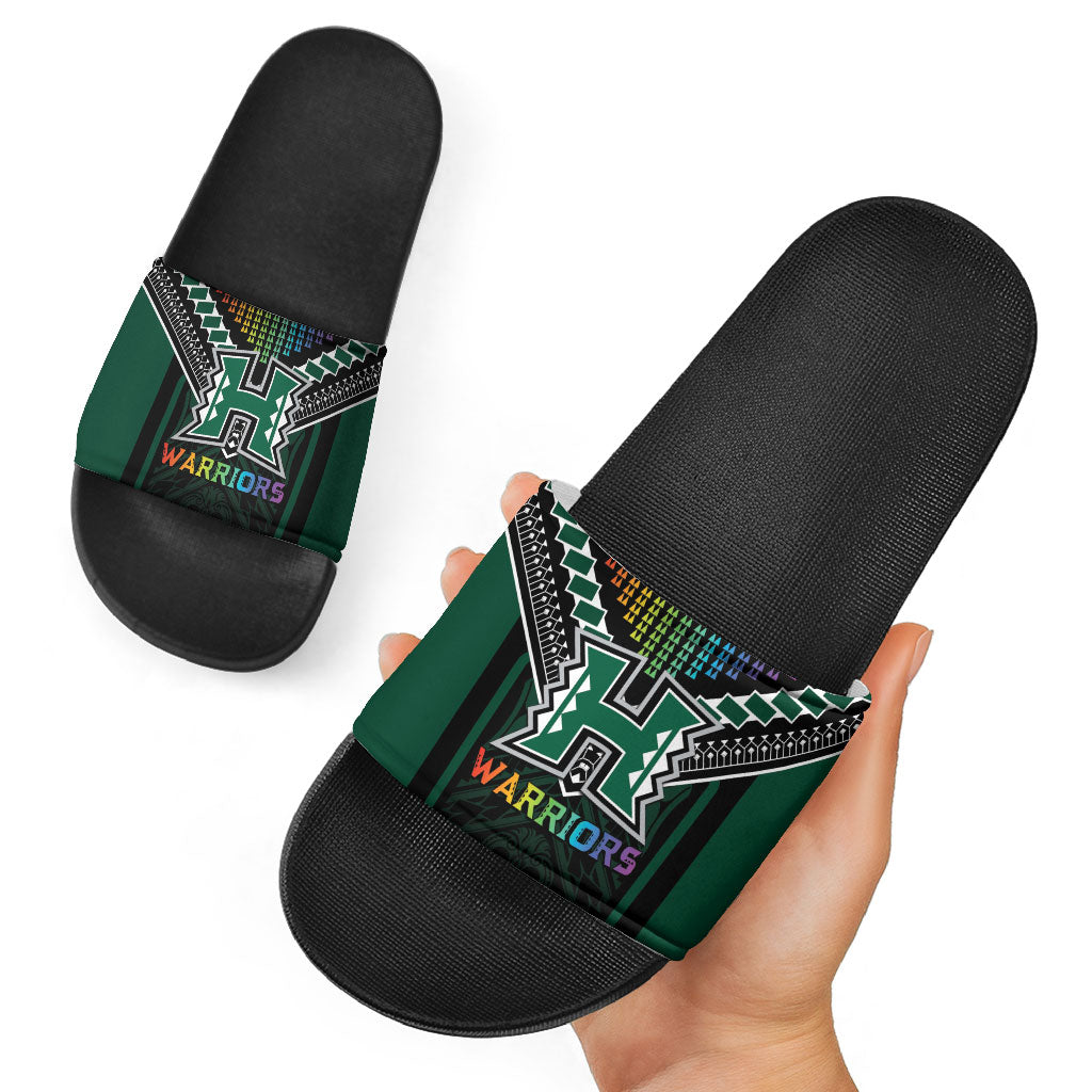 Hawaii Warriors Football Slide Sandals Rainbow Kakau Pattern Black LT05 - Polynesian Pride