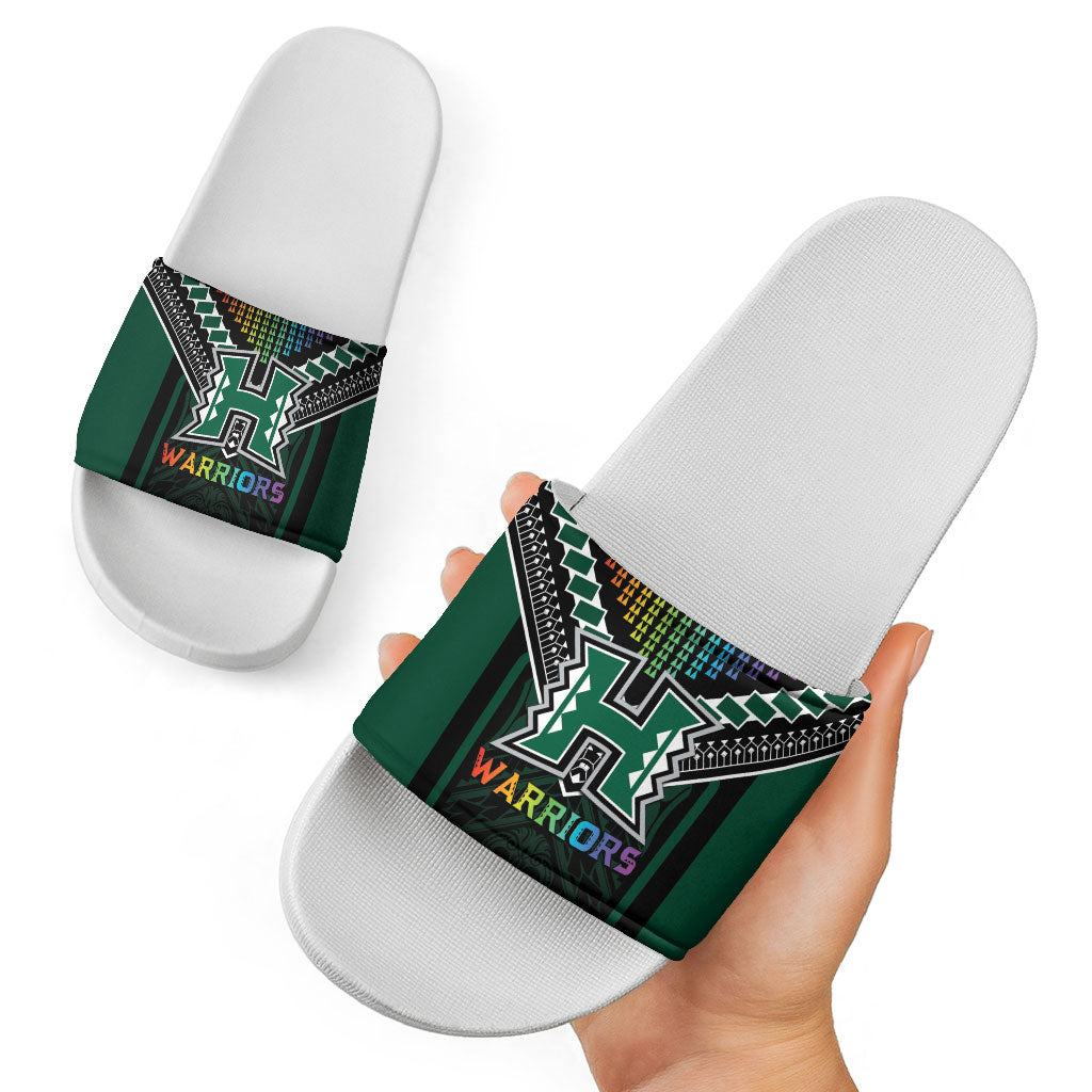 Hawaii Warriors Football Slide Sandals Rainbow Kakau Pattern Black LT05 - Polynesian Pride
